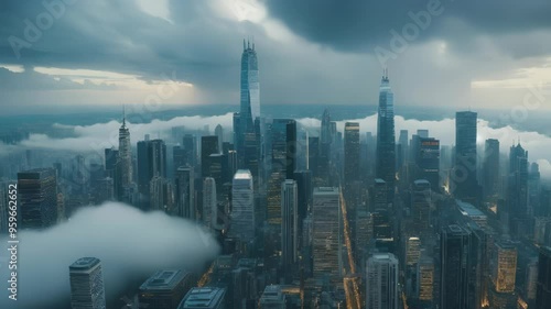 Cityscape at Night with Skyscrapers and Clouds