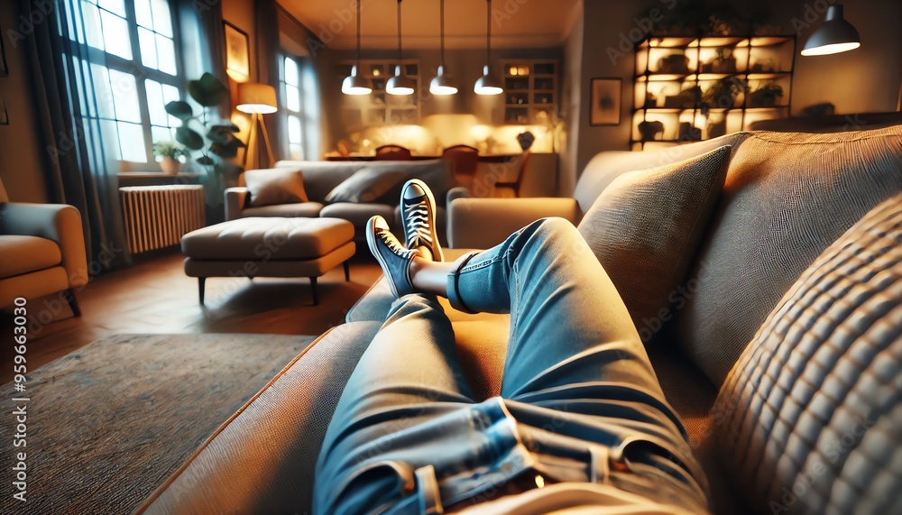 Obraz premium An image from the perspective of a woman lying down on a comfortable couch in a cozy, warmly lit living room