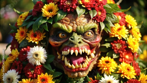 A Monster's Face Surrounded by Vibrant Flowers