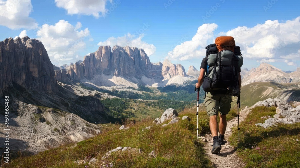 Backpacker Trekking in Mountainous Landscape Backpacker Trekking in Mountainous Landscape