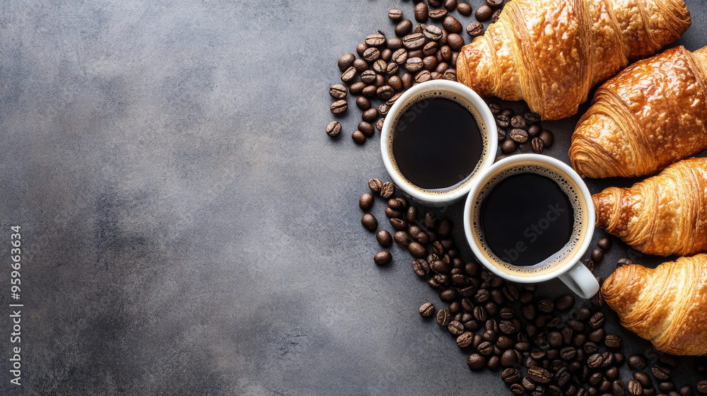 A simple breakfast scene with black coffee and croissants. Coffee beans are scattered on the table. There's space for you to add your own message. A simple breakfast scene with black coffee and croissants. Coffee beans are scattered on the table. There's space for you to add your own message.