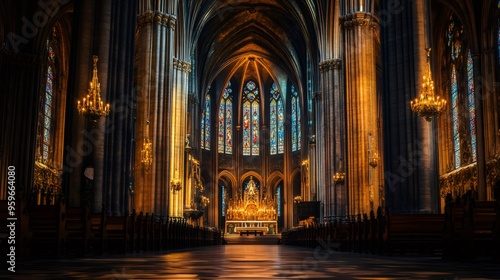 Interior of a cathedral with stained glass windows and rows of pews.