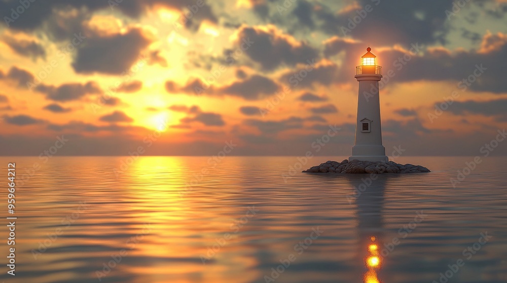 Mesmerizing Sunset over Lighthouse Reflecting on Serene Ocean Waves Mesmerizing Sunset over Lighthouse Reflecting on Serene Ocean Waves
