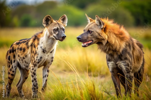 A majestic African painted dog stands firm, hackles raised, in a tense standoff with a snarling hyena, neither backing down.