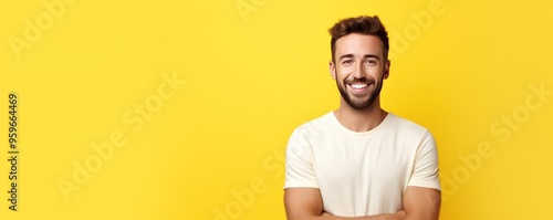 Yellow background Happy european white man realistic person portrait of young beautiful Smiling man good mood Isolated on Background Banner 