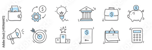 Hand drawn doodle business, money icon set. Finance, money, marketing sketch drawn cute trendy line doodle icon. Business bank, finance calculator, economic goal elements. Vector illustration