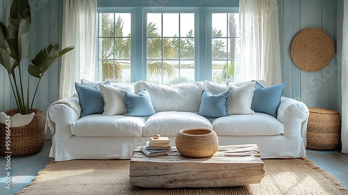 A coastal cottage living room with all-white furniture, light blue throw pillows, and a driftwood coffee table, complemented by wicker baskets and soft natural light filtering through sheer curtains,