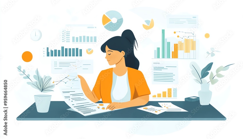 Concept of business finance, with a businesswoman calculating financial reports, engaging in data analysis, and evaluating growth charts for strategic investment decisions Concept of business finance, with a businesswoman calculating financial reports, engaging in data analysis, and evaluating growth charts for strategic investment decisions