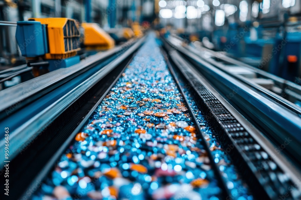 Metal Conveyor Belt with Shiny Objects in a Factory Setting Metal Conveyor Belt with Shiny Objects in a Factory Setting