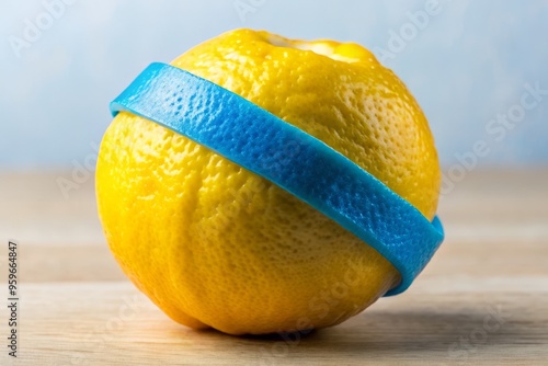 A photograph captures a citrus marvel, showcasing a lemon with a vibrant blue peel, defying nature's conventions and intriguing the senses. photo