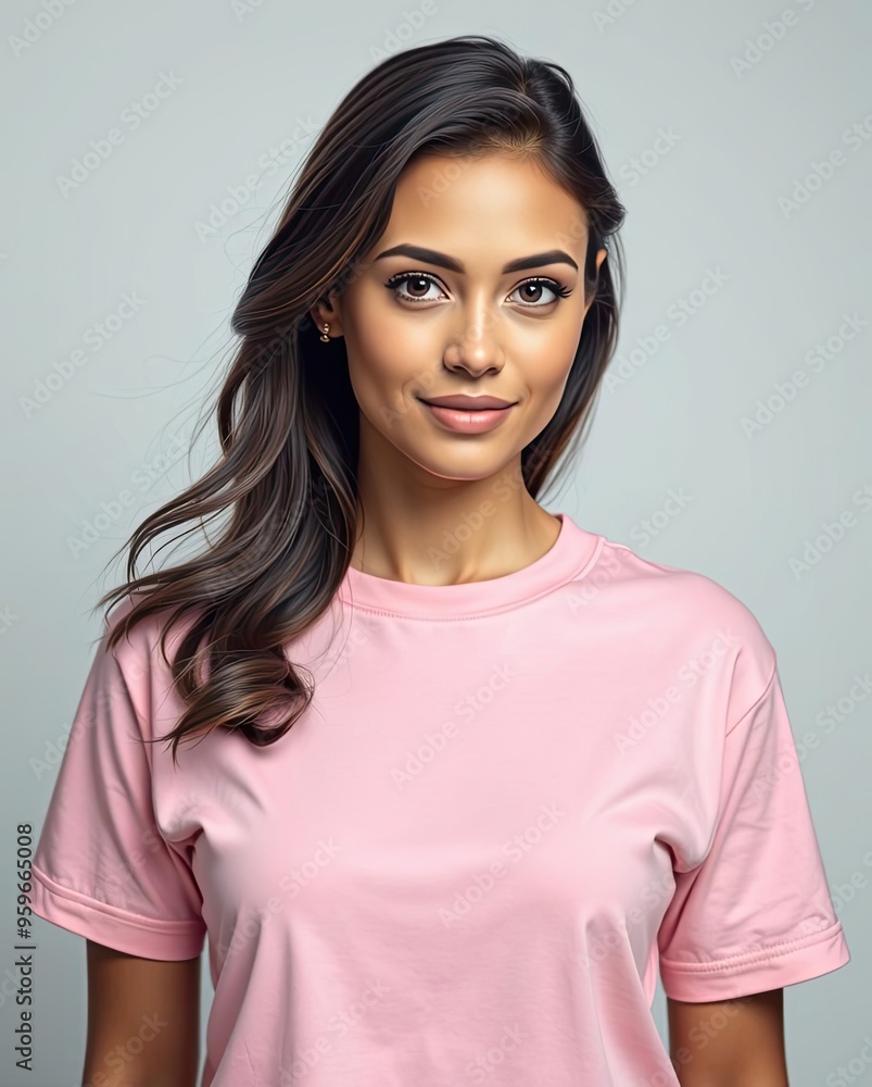 Portrait of beautiful girl model smiling in pink t-shirt mockup Portrait of beautiful girl model smiling in pink t-shirt mockup
