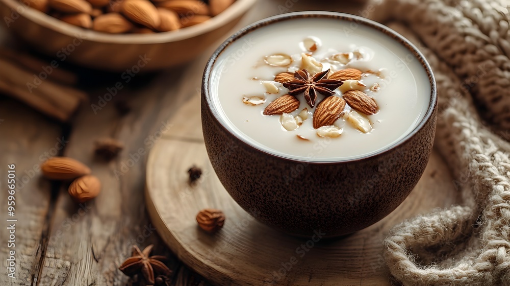 Caramelized Almonds Floating in Warm Creamy Milk Beverage Caramelized Almonds Floating in Warm Creamy Milk Beverage