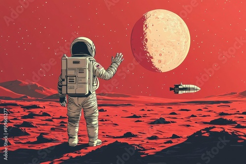 Astronaut on Mars with a Large Moon and Spaceship in the Distance photo