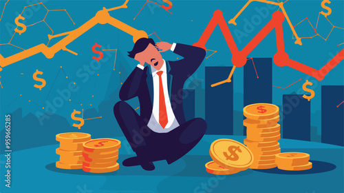 Failed stressed businessman lost money from stock trading in flat design. Negative profit investment concept. Bankruptcy.