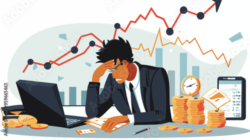 Failed stressed businessman lost money from stock trading in flat design. Negative profit investment concept. Bankruptcy.