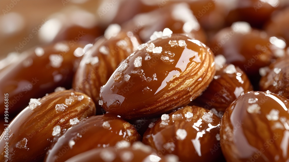 Macro Shot of Caramel Coated Almonds with Sea Salt Macro Shot of Caramel Coated Almonds with Sea Salt