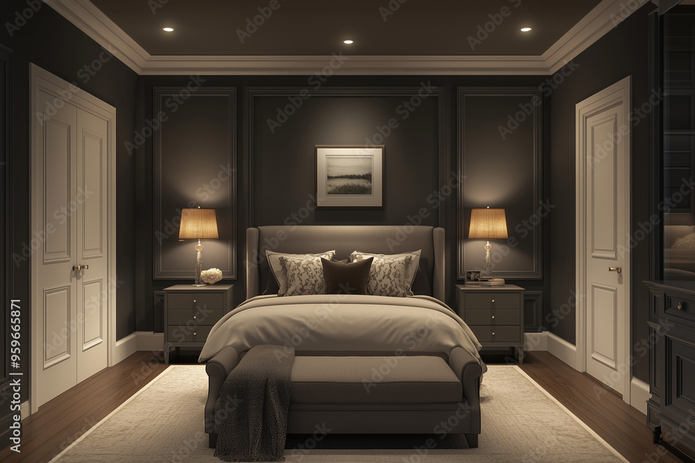 Realistic rendering of an elegant bedroom with dark gray walls, white double doors leading to the bathroom and wardrobe Realistic rendering of an elegant bedroom with dark gray walls, white double doors leading to the bathroom and wardrobe