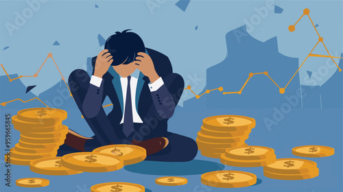 Failed stressed businessman lost money from stock trading in flat design. Negative profit investment concept. Bankruptcy.