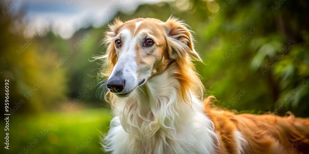 Sleek and athletic, the Borzoi hund stretches out in the sun, its grey and white coat glistening, eyes alert and ears perked up. Sleek and athletic, the Borzoi hund stretches out in the sun, its grey and white coat glistening, eyes alert and ears perked up.