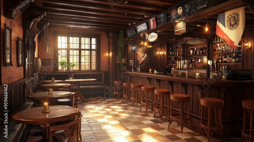 Warm and Inviting Vintage Pub Interior with Rustic Decor and Wooden Furnishings photo