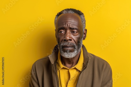 Yellow background sad black American independent powerful man. Portrait of older mid-aged person beautiful bad mood expression isolated on background photo