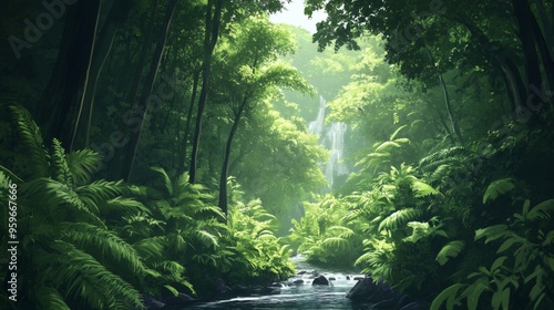 Lush green jungle with a waterfall and a river flowing through it.