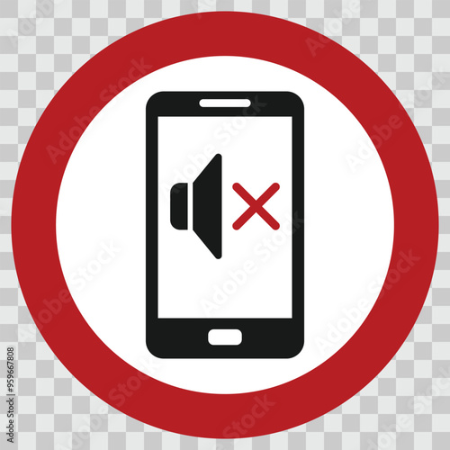 Warning sign with smartphone and crossed speaker icon. Keep your phone in silent mode. Vector sign for libraries, theaters or certain work environments
