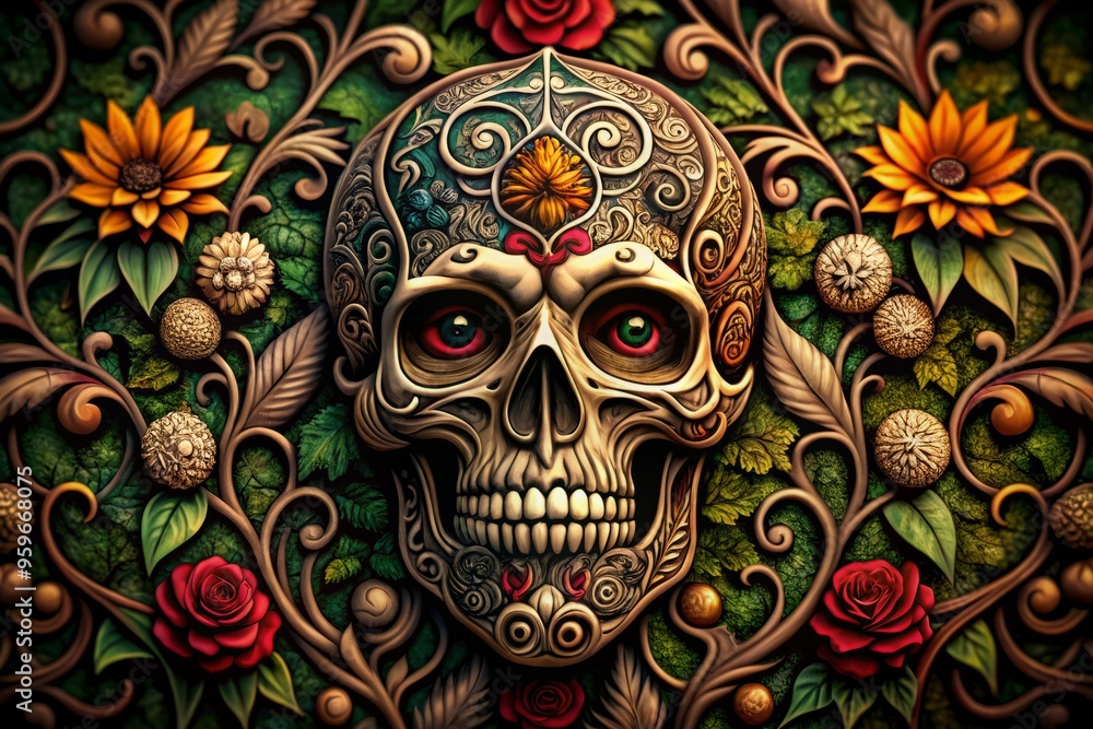 A photo image of a traditional tattoo skull with a bold outline, ornate filigree, and a menacing expression, surrounded by vines and flowers A photo image of a traditional tattoo skull with a bold outline, ornate filigree, and a menacing expression, surrounded by vines and flowers