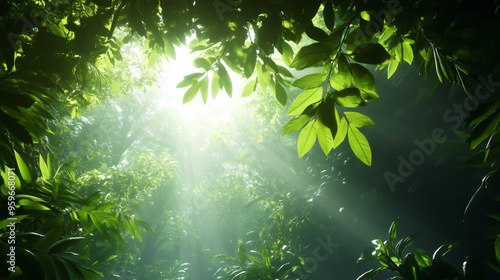 Lush green leaves with sunlight shining through.