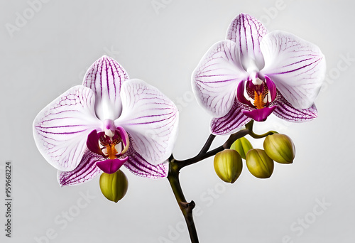 Two Delicate Pink and White Orchids Bloom on a Single Stem photo