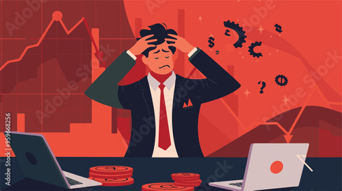 Failed stressed businessman lost money from stock trading in flat design. Negative profit investment concept. Bankruptcy.