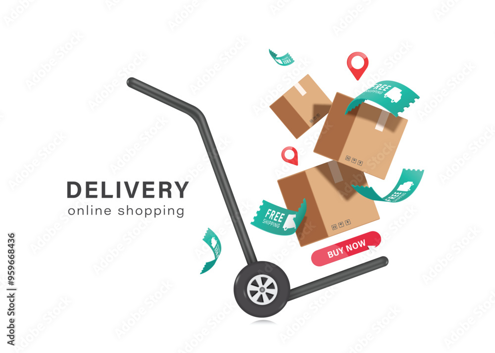 vector 3d for delivery advertising design ,green free shipping promotion sign, a red pin map the delivery location to customers, parcel box all floating in the air on a cart used in warehouses vector 3d for delivery advertising design ,green free shipping promotion sign, a red pin map the delivery location to customers, parcel box all floating in the air on a cart used in warehouses