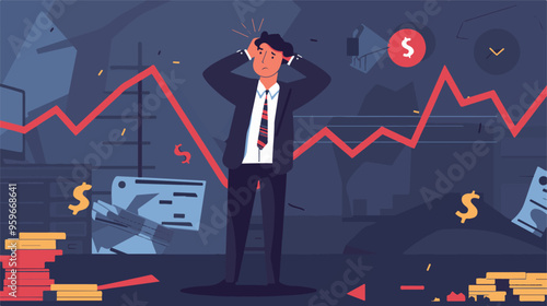 Failed stressed businessman lost money from stock trading in flat design. Negative profit investment concept. Bankruptcy.