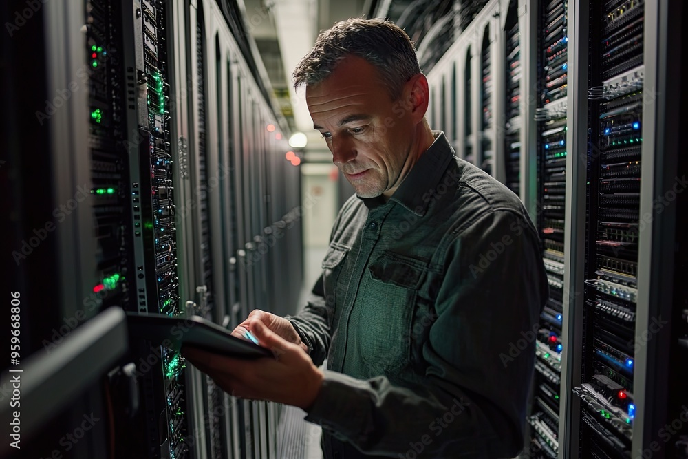 Fototapeta premium Portrait of a handsome young man with a shirt using a tablet in a server room datacenter