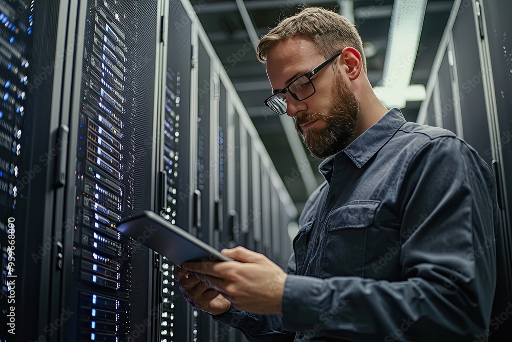 Fototapeta premium Portrait of a handsome young man with a shirt using a tablet in a server room datacenter