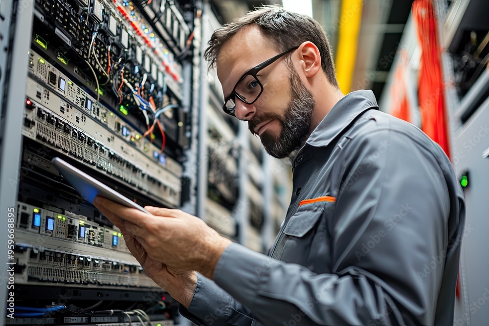 Portrait of a handsome young man with a shirt using a tablet in a server room datacenter Portrait of a handsome young man with a shirt using a tablet in a server room datacenter