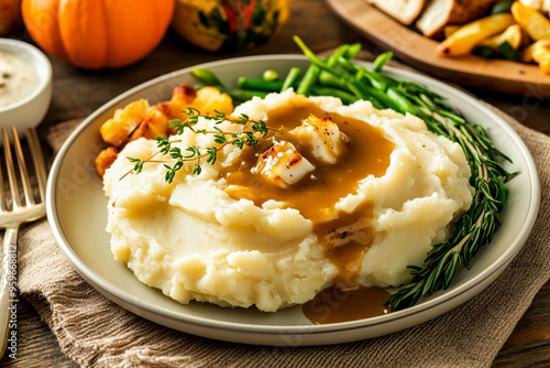 Plate of creamy mashed potatoes topped with rich gravy and herbs on a rustic wooden table. Concept for Thanksgiving day