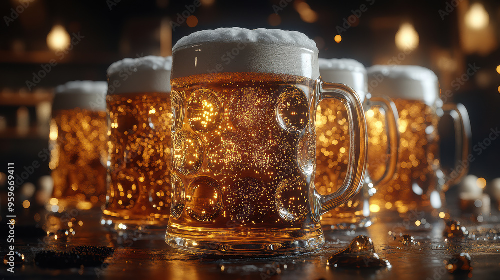 Mugs of Beer with Black and Yellow Lights Mugs of Beer with Black and Yellow Lights