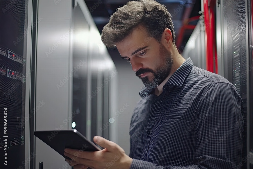 Portrait of a handsome young man with a shirt using a tablet in a server room datacenter Portrait of a handsome young man with a shirt using a tablet in a server room datacenter