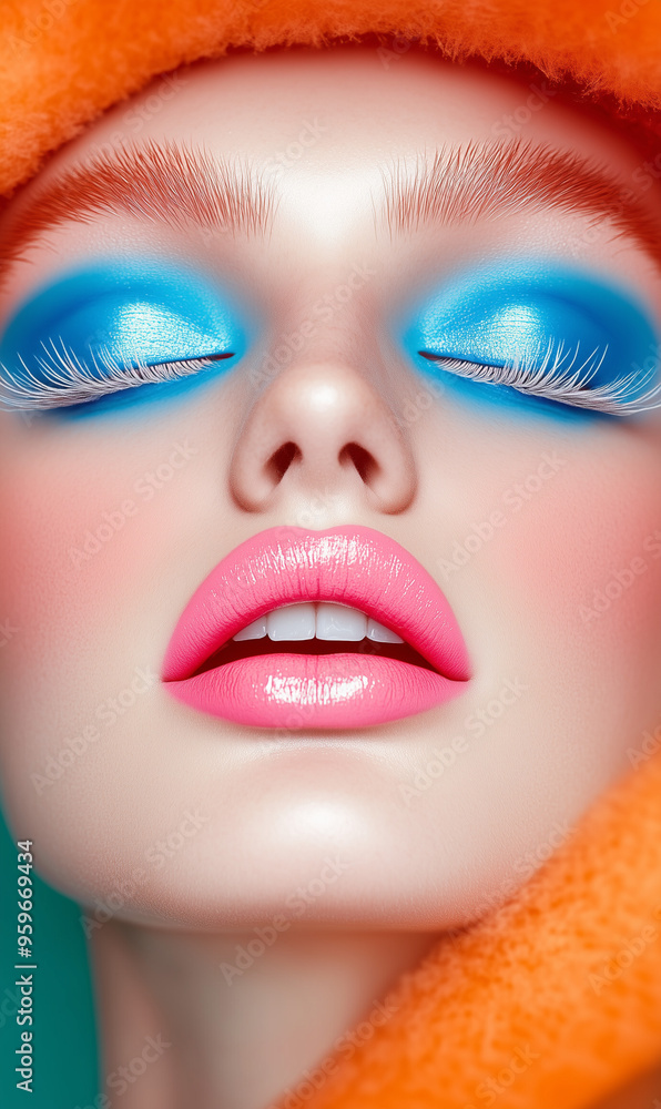 A vibrant close-up of a woman with blue eyeshadow, pink lipstick, and wearing an orange fuzzy hat. Bold makeup and fashion aesthetic with a focus on color contrasts. A vibrant close-up of a woman with blue eyeshadow, pink lipstick, and wearing an orange fuzzy hat. Bold makeup and fashion aesthetic with a focus on color contrasts.