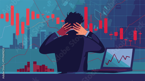 Failed stressed businessman lost money from stock trading in flat design. Negative profit investment concept. Bankruptcy.