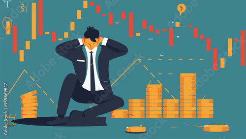 Failed stressed businessman lost money from stock trading in flat design. Negative profit investment concept. Bankruptcy.