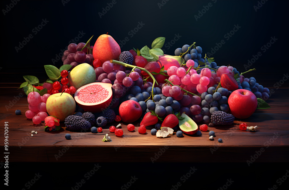 a colorful array of fruits on an old wooden table, AI Generated