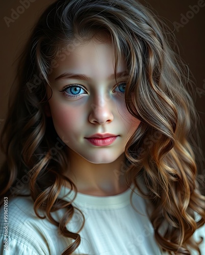 Portrait of young beautiful girl teenager blue eyeslooking at the camera smiling photo