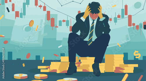 Failed stressed businessman lost money from stock trading in flat design. Negative profit investment concept. Bankruptcy.