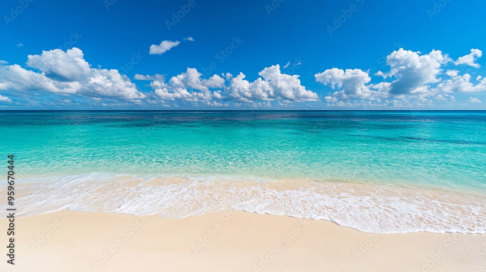 A tranquil scene of a pristine sandy beach with crystal clear turquoise waters and a bright blue sky dotted with puffy white clouds. A tranquil scene of a pristine sandy beach with crystal clear turquoise waters and a bright blue sky dotted with puffy white clouds.