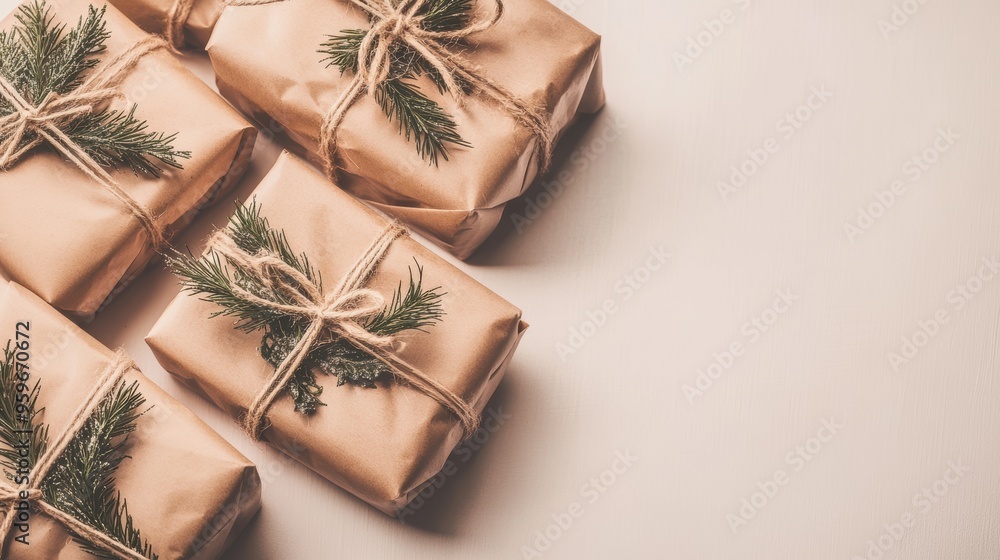 Simple, eco-friendly wrapped gifts with greenery and twine, arranged on a light background. The natural light emphasizes the clean and sustainable holiday aesthetic Simple, eco-friendly wrapped gifts with greenery and twine, arranged on a light background. The natural light emphasizes the clean and sustainable holiday aesthetic