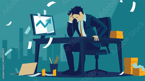 Failed stressed businessman lost money from stock trading in flat design. Negative profit investment concept. Bankruptcy.