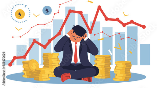 Failed stressed businessman lost money from stock trading in flat design. Negative profit investment concept. Bankruptcy.