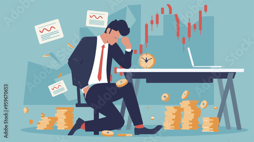 Failed stressed businessman lost money from stock trading in flat design. Negative profit investment concept. Bankruptcy.